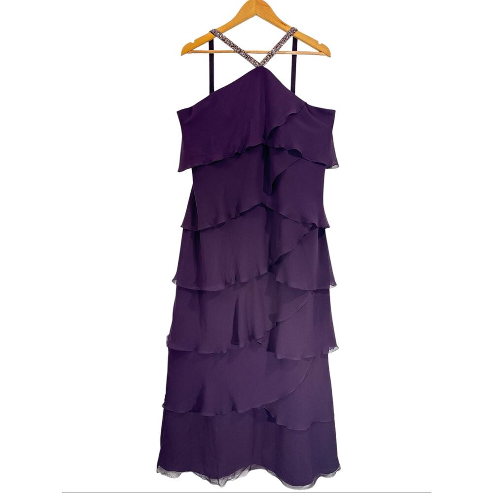NWOT Alexander by Daymor Purple Silk Chiffon Beaded Halter Gown 16P Formal Dress